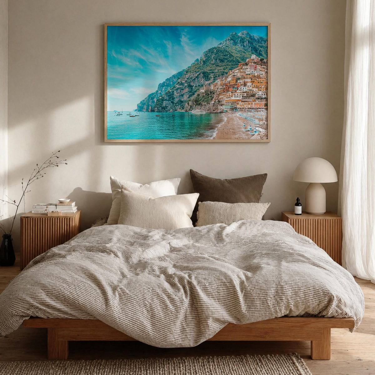 Positano colorful photo poster of Italy – horizontal wall art in natural wood frame, hanging on wall