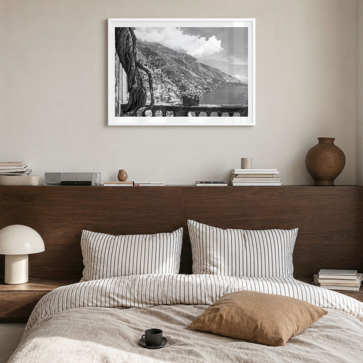 Positano Photo No 1 Poster in a white wood frame, hanging in a bedroom, white border