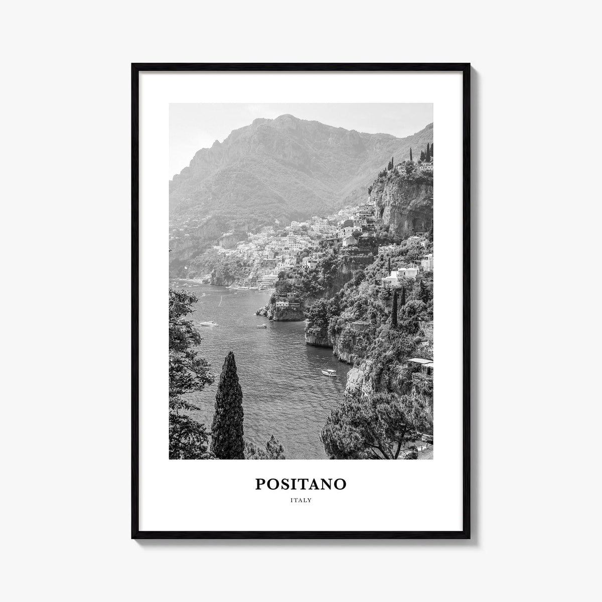 Positano no. 1 black & white classic poster of Italy – vertical wall art, unframed print shown in interior mockup