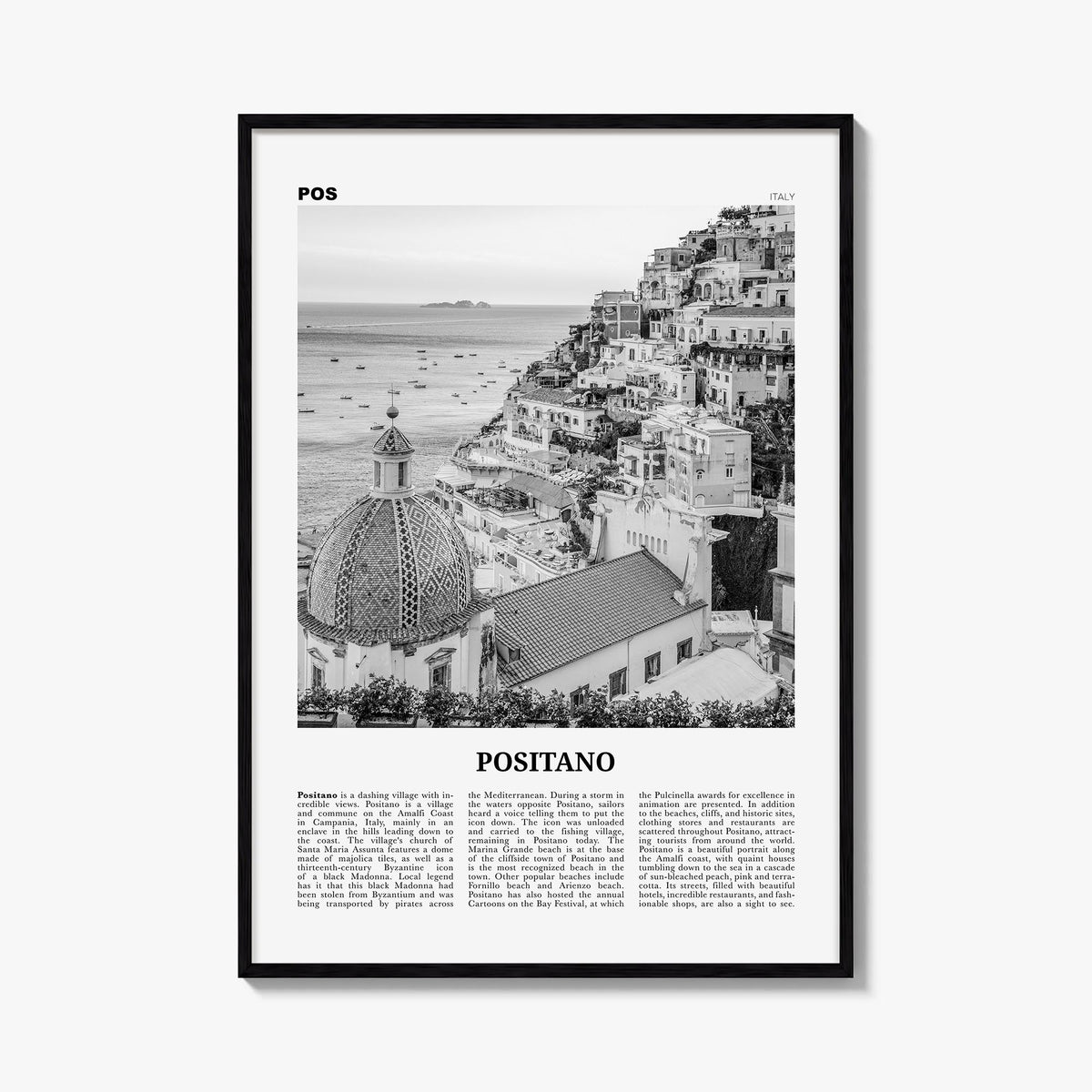 Positano no. 1 black & white newspaper poster of Italy – vertical wall art, unframed print shown in interior mockup