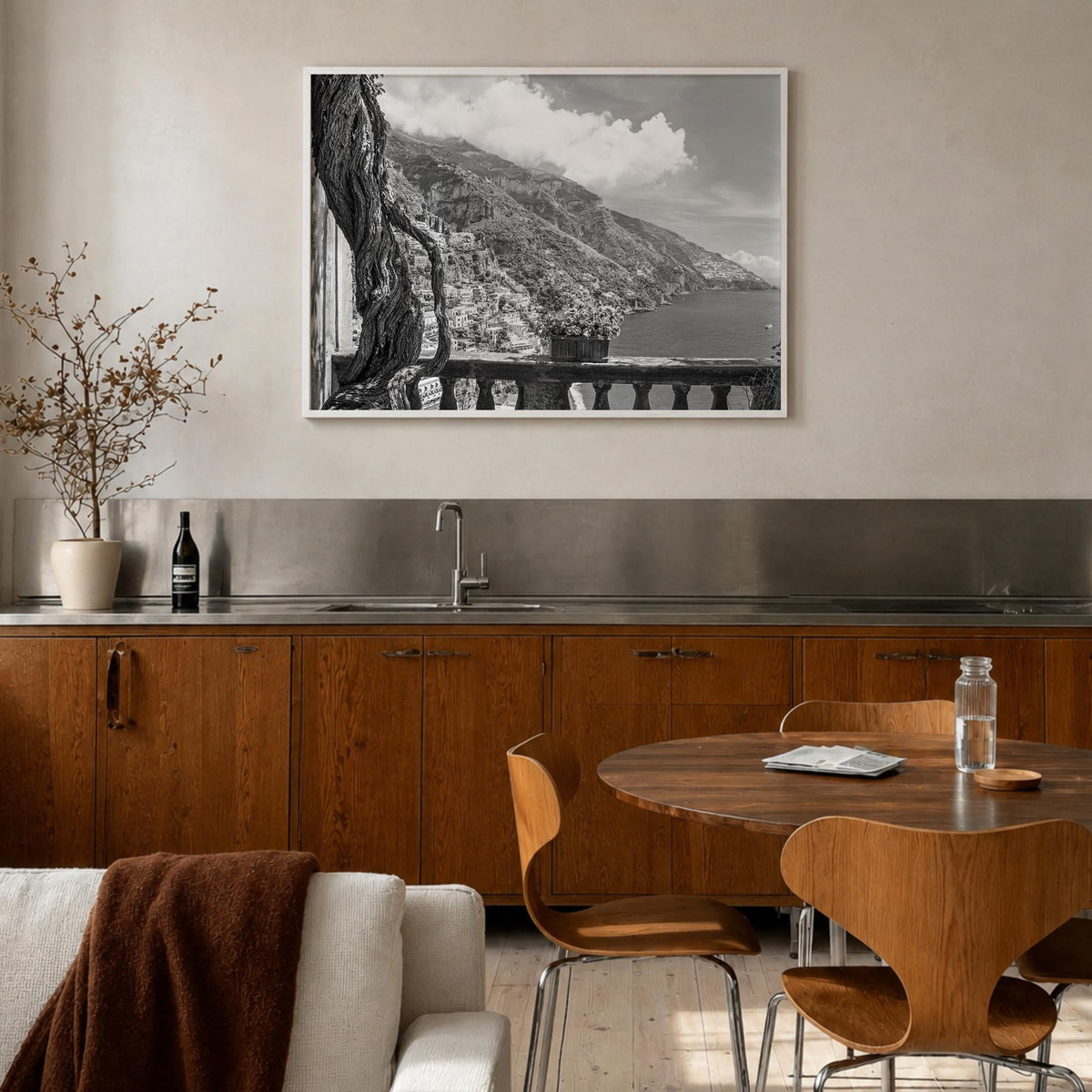 Positano no. 1 black & white photo poster of Italy – horizontal wall art in white wood frame, hanging on wall