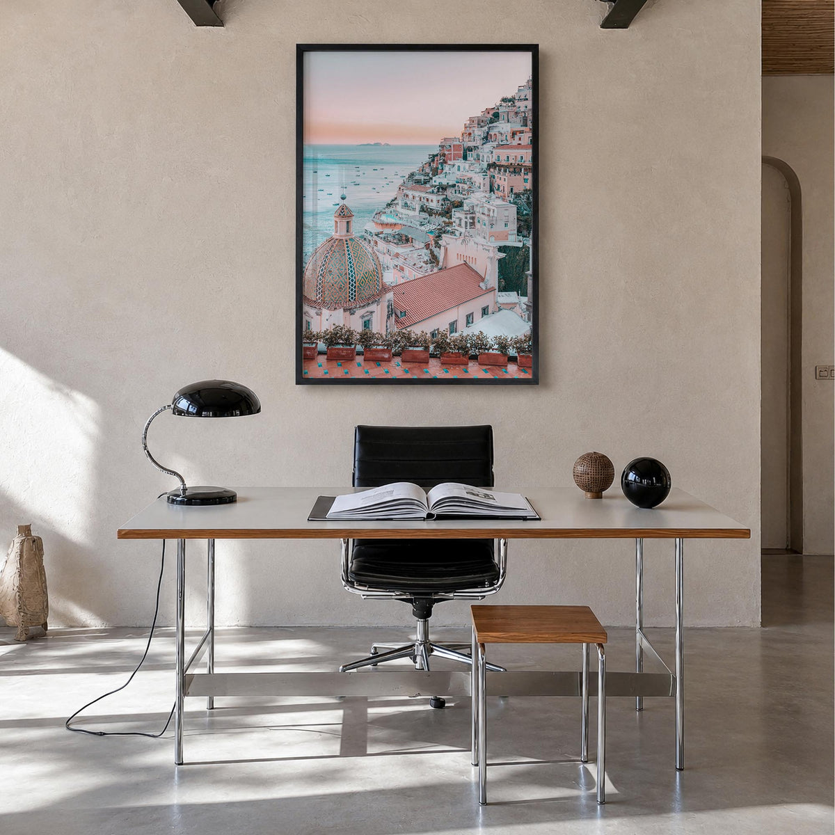 Positano no. 1 colorful photo poster of Italy – vertical wall art in black wood frame, hanging on wall