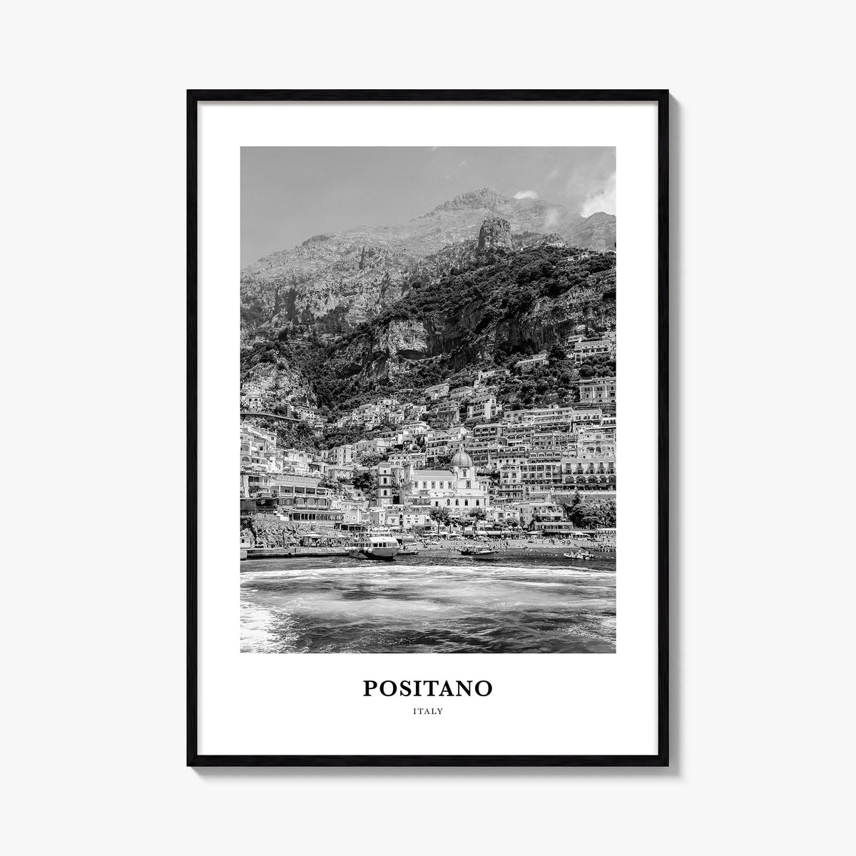 Positano no. 2 black & white classic poster of Italy – vertical wall art, unframed print shown in interior mockup
