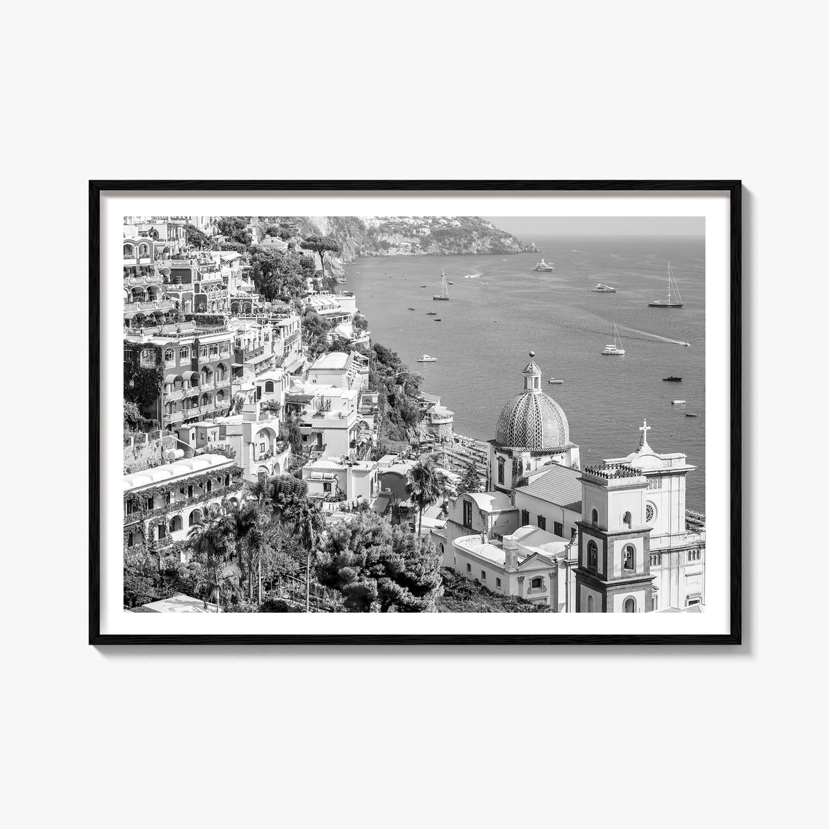 Positano no. 2 black & white photo poster of Italy – horizontal wall art, unframed print shown in interior mockup