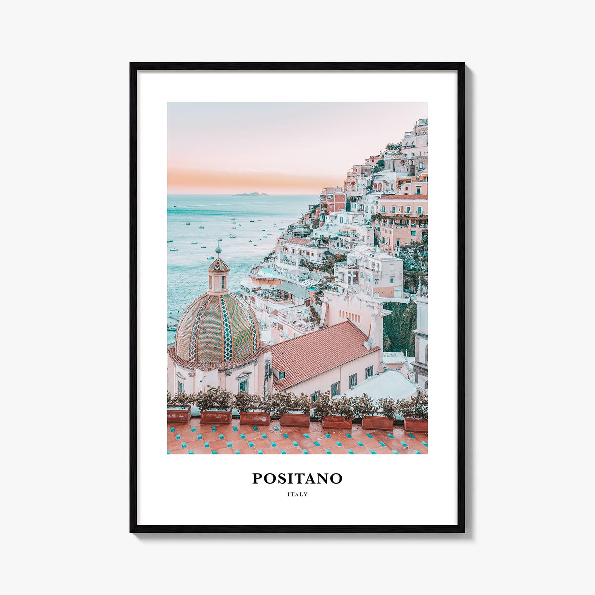 Positano no. 2 colorful classic poster of Italy – vertical wall art, unframed print shown in interior mockup