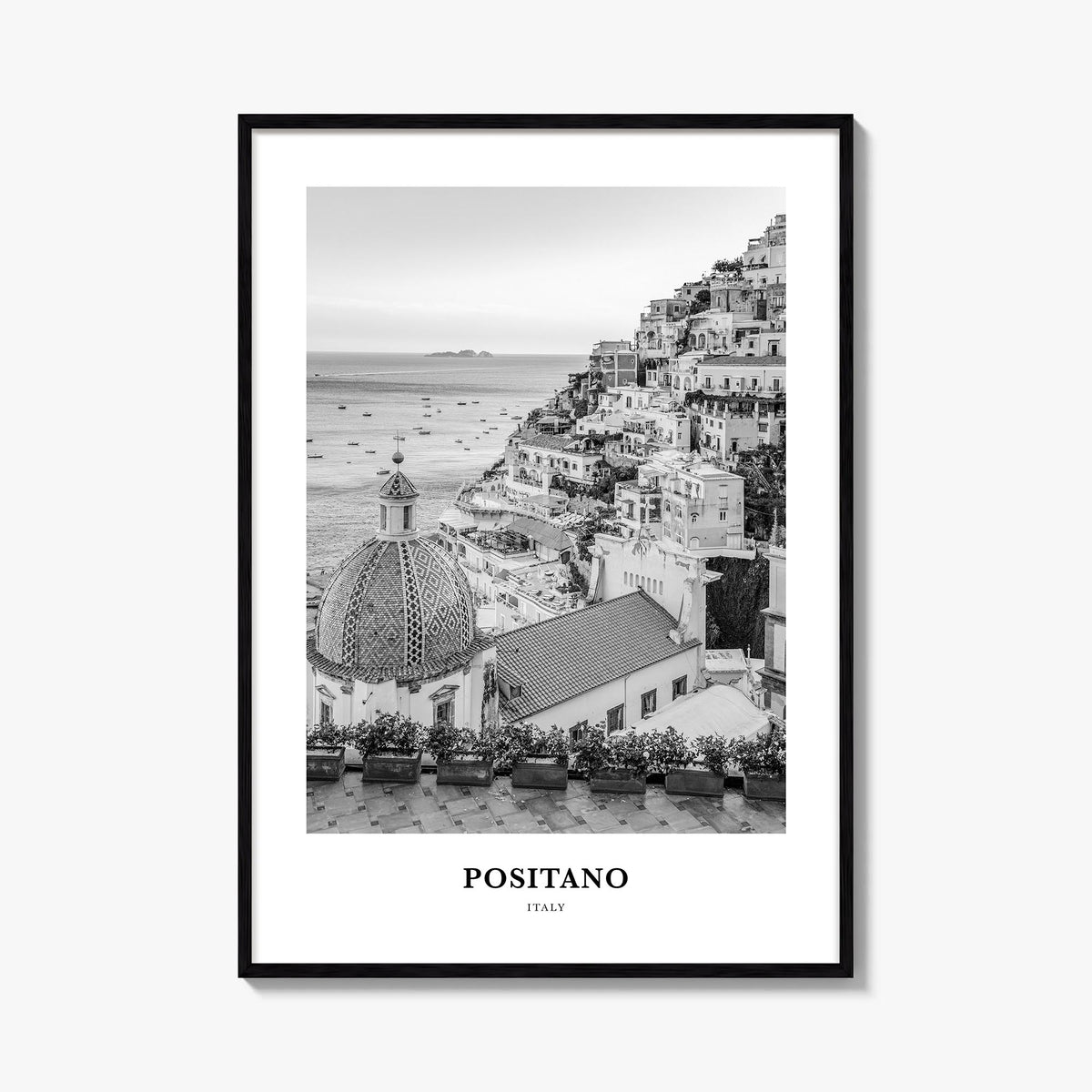 Positano no. 3 black & white classic poster of Italy – vertical wall art, unframed print shown in interior mockup