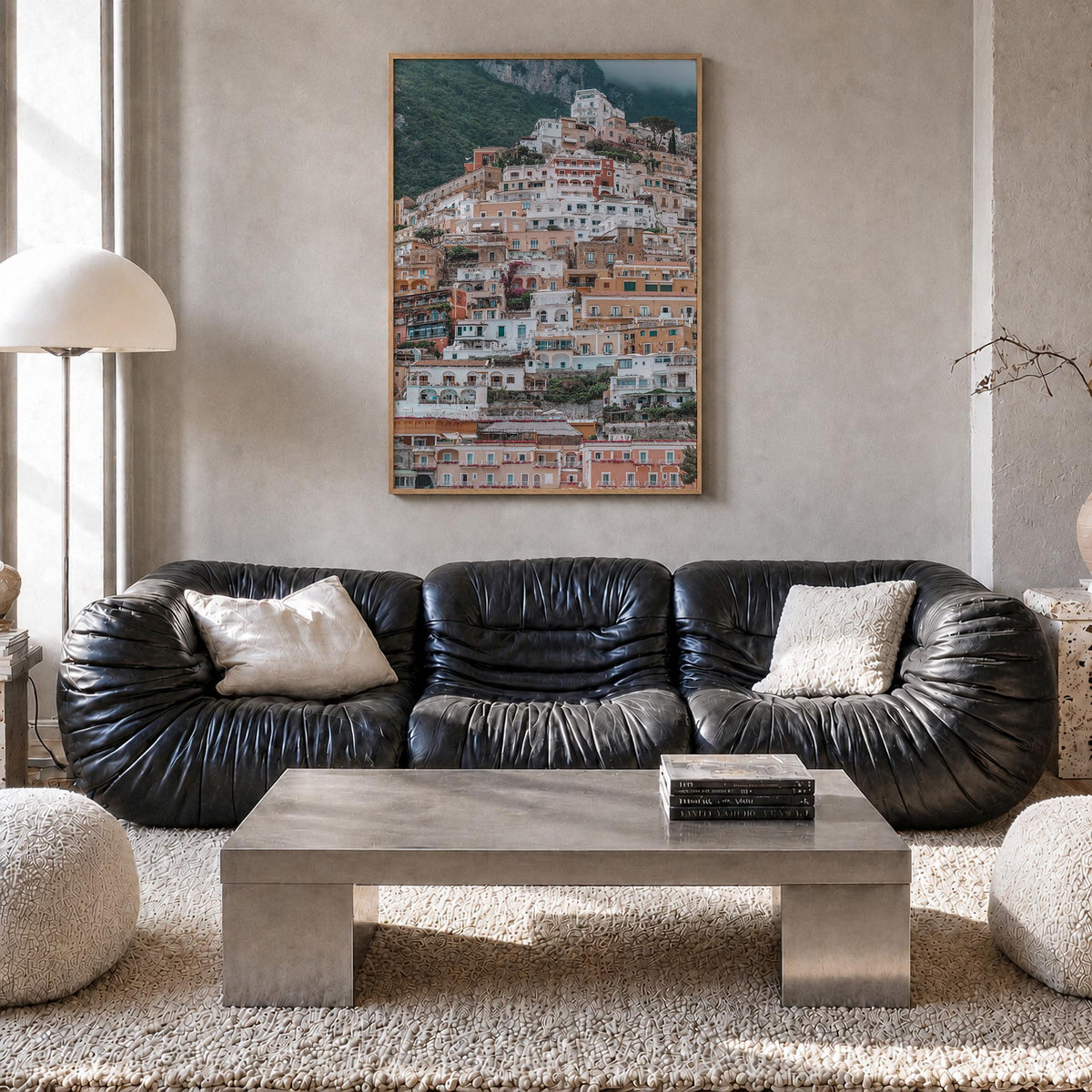 Positano no. 3 colorful photo poster of Italy – vertical wall art in natural wood frame, hanging on wall