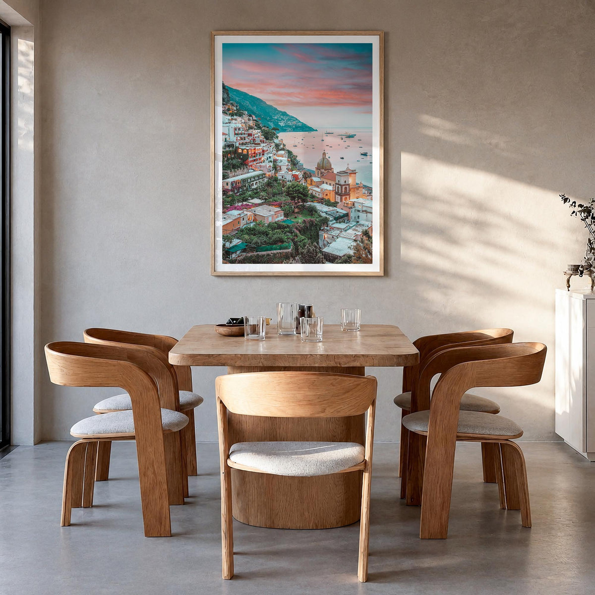 Positano no. 4 colorful photo poster of Italy – vertical wall art in natural wood frame with white border, hanging on wall