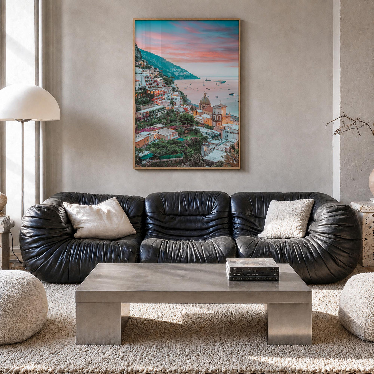 Positano no. 4 colorful photo poster of Italy – vertical wall art in natural wood frame, hanging on wall