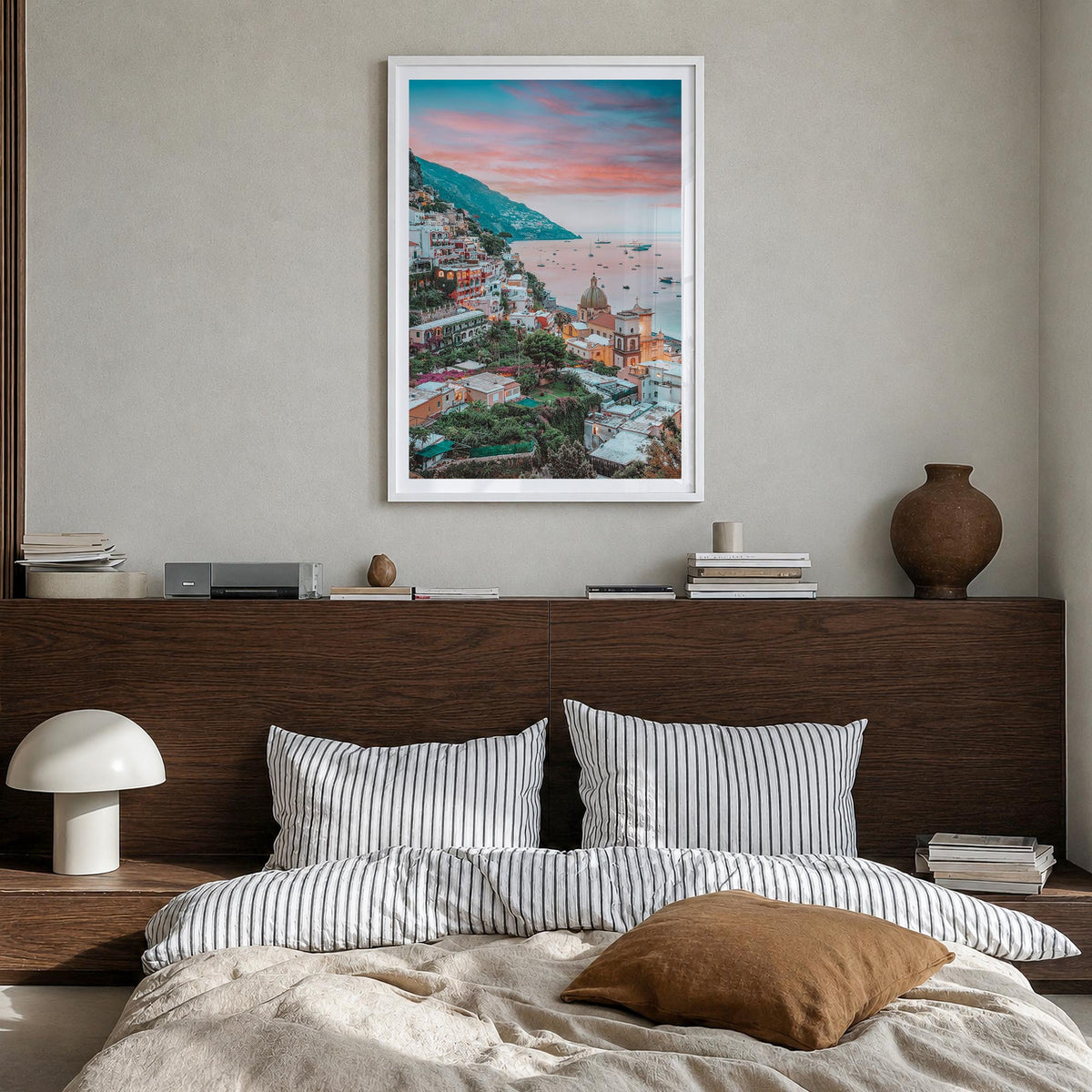 Positano no. 4 colorful photo poster of Italy – vertical wall art in white wood frame with white border, hanging on wall
