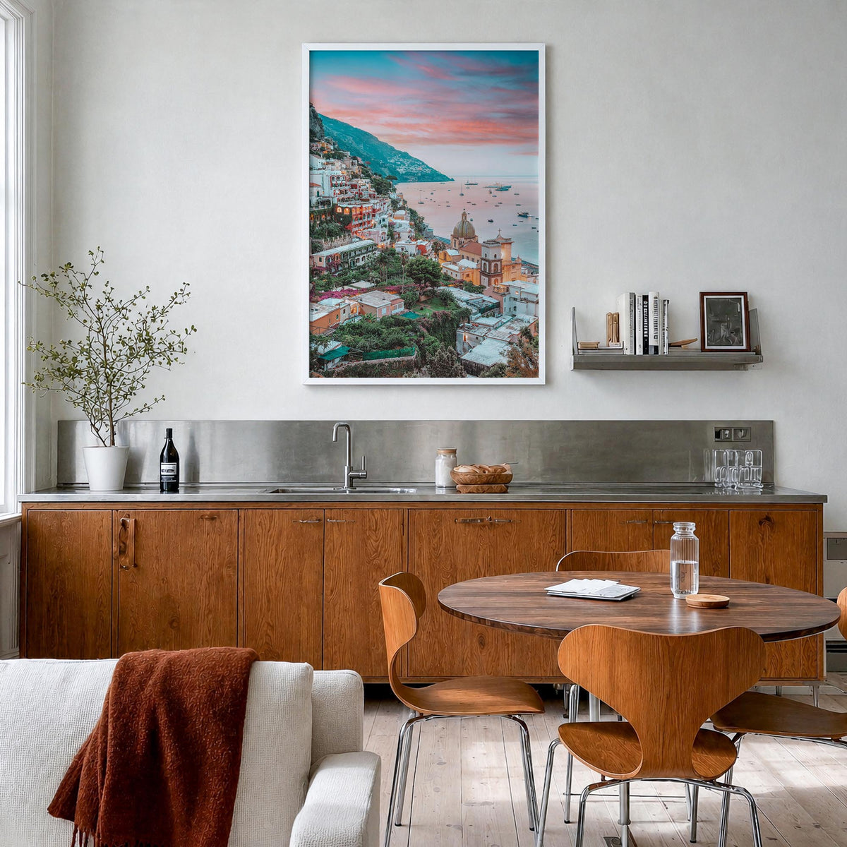 Positano no. 4 colorful photo poster of Italy – vertical wall art in white wood frame, hanging on wall