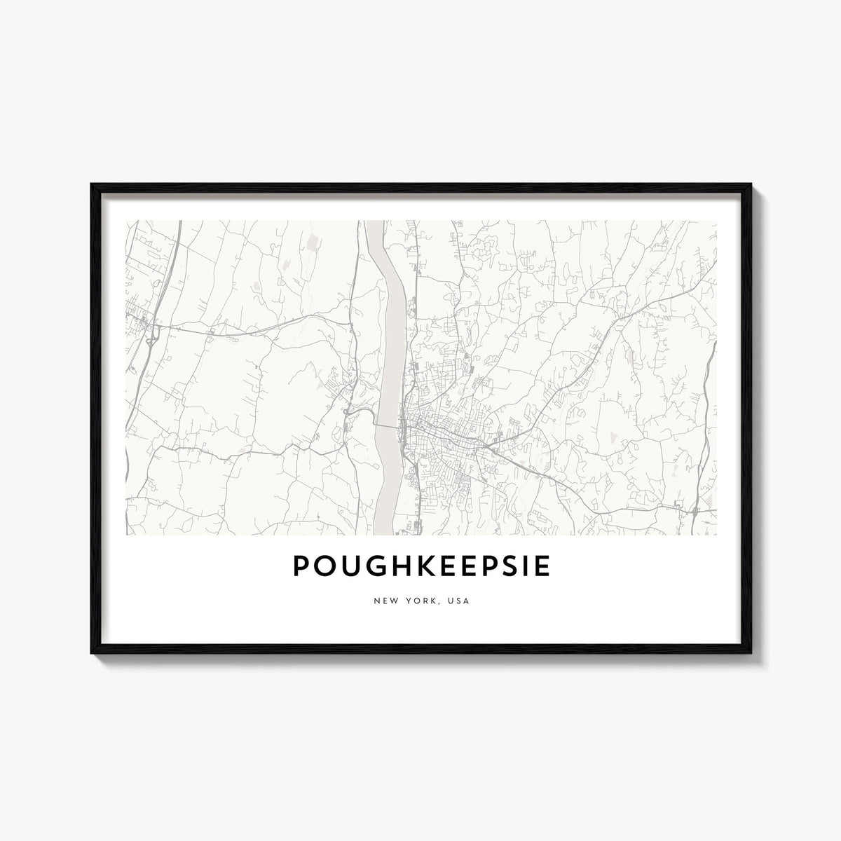 Poughkeepsie black & white map poster of New York, USA – horizontal wall art, unframed print shown in interior mockup
