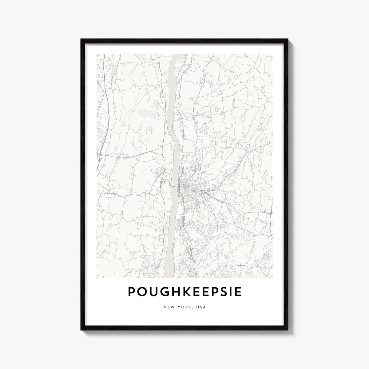 Poughkeepsie black & white map poster of New York, USA – vertical wall art, unframed print shown in interior mockup