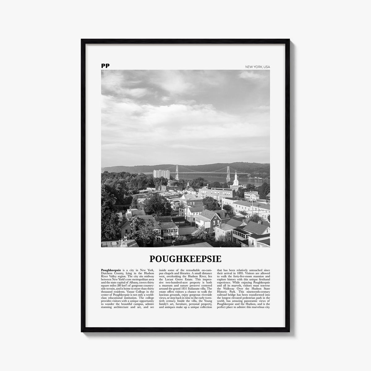 Poughkeepsie black & white newspaper poster of New York, USA – vertical wall art, unframed print shown in interior mockup