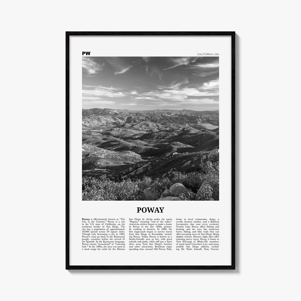 Poway no. 2 black & white newspaper poster of California, USA – vertical wall art, unframed print shown in interior mockup