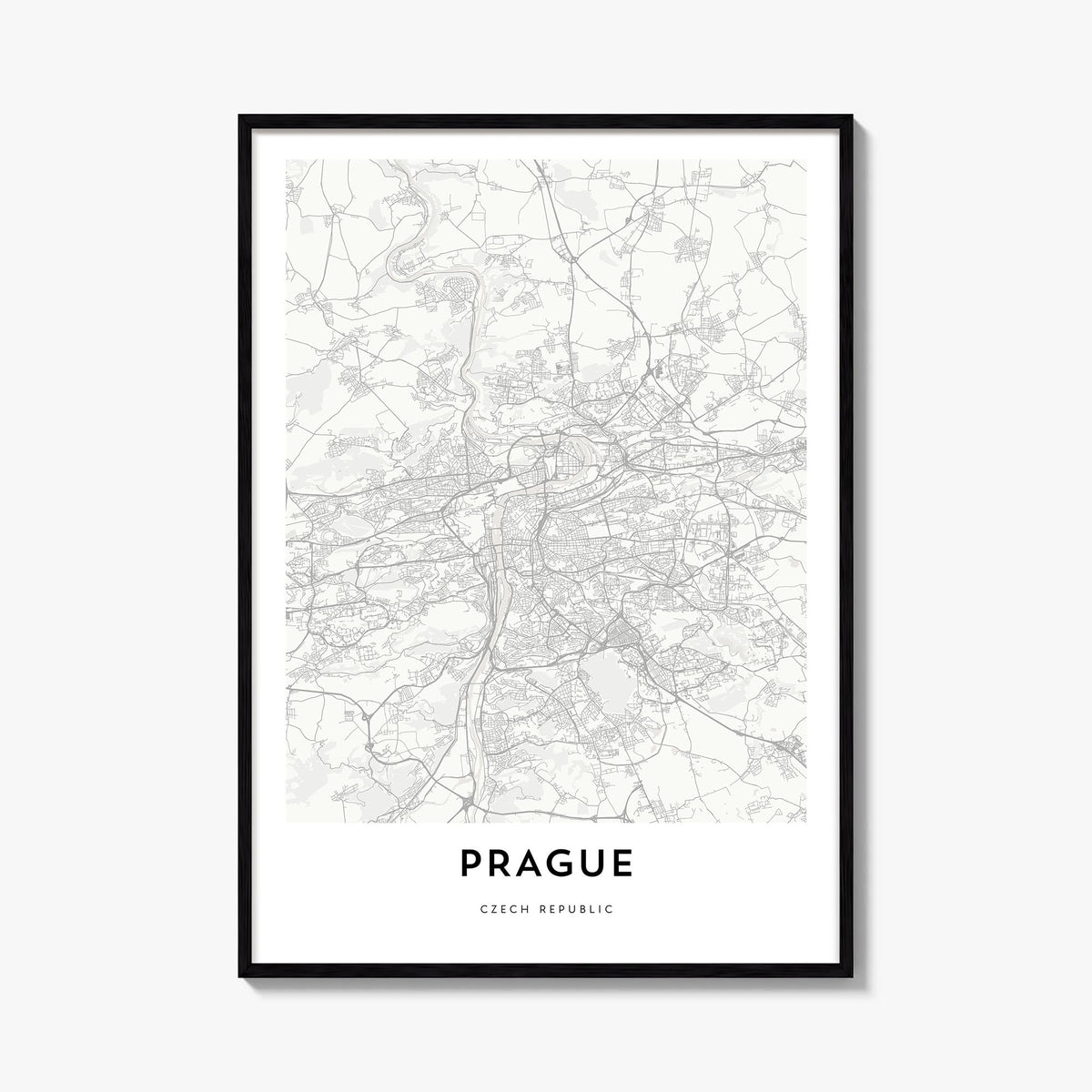 Prague black & white map poster of Czechia – vertical wall art, unframed print shown in interior mockup