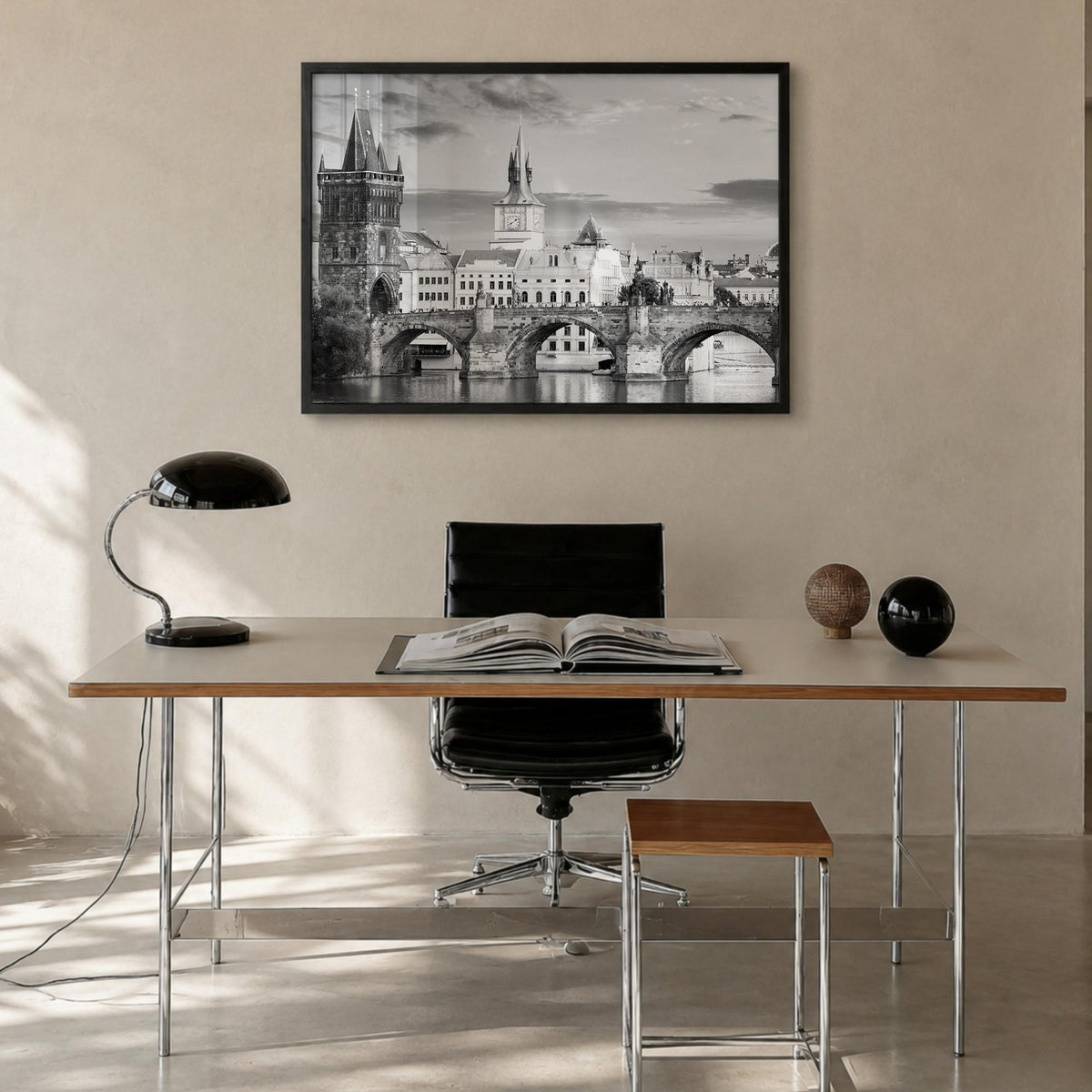 Prague black & white photo poster of Czechia – horizontal wall art in black wood frame, hanging on wall