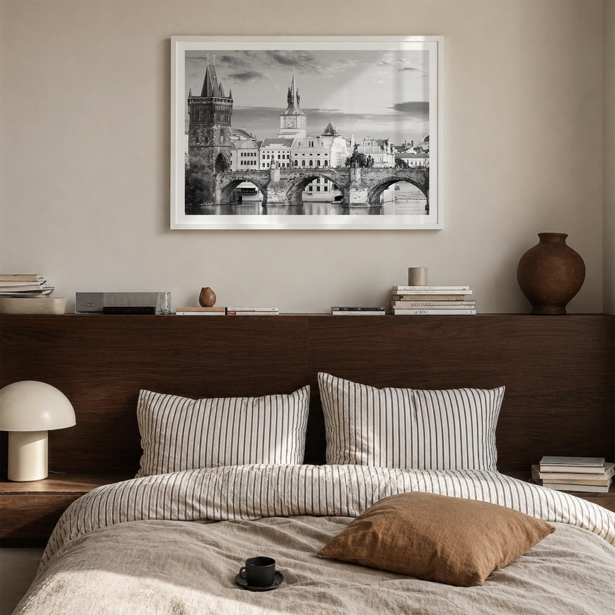 Prague black & white photo poster of Czechia – horizontal wall art in white wood frame with white border, hanging on wall