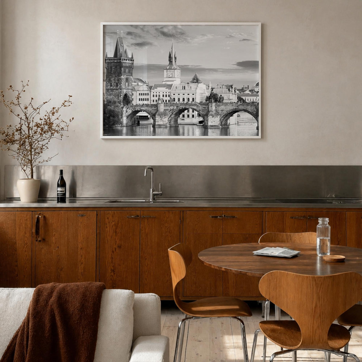 Prague black & white photo poster of Czechia – horizontal wall art in white wood frame, hanging on wall