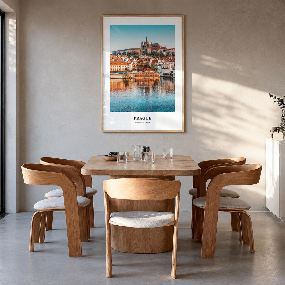 Prague colorful classic poster of Czechia – vertical wall art in natural wood frame, hanging on wall