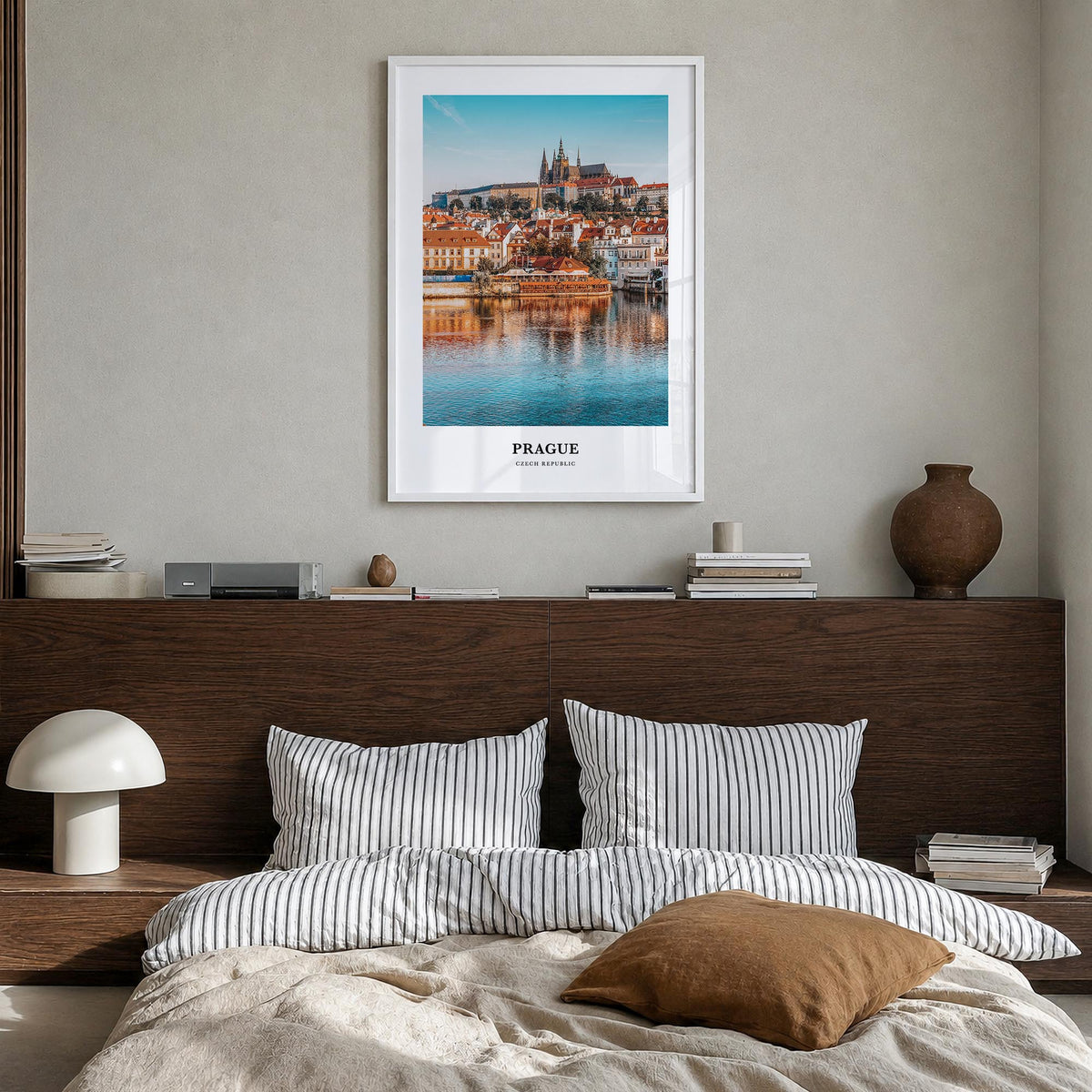 Prague colorful classic poster of Czechia – vertical wall art in white wood frame, hanging on wall