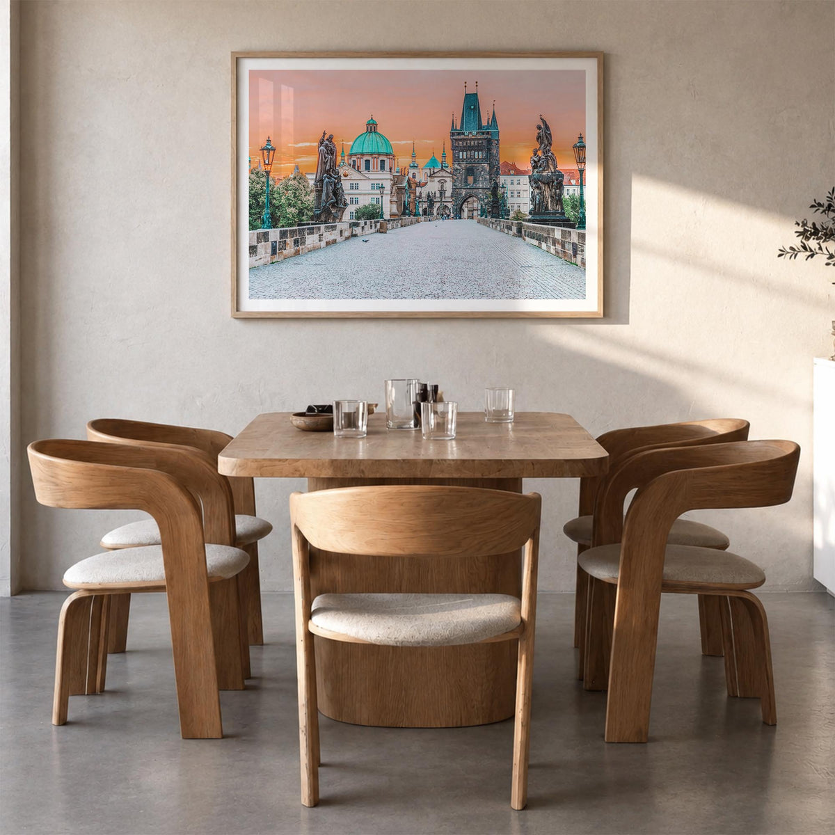 Prague colorful photo poster of Czechia – horizontal wall art in natural wood frame with white border, hanging on wall