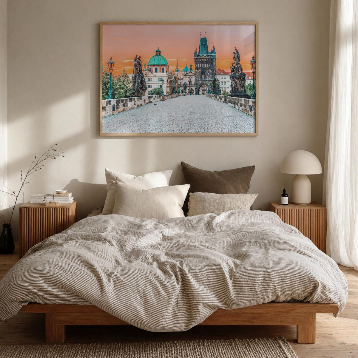 Prague colorful photo poster of Czechia – horizontal wall art in natural wood frame, hanging on wall