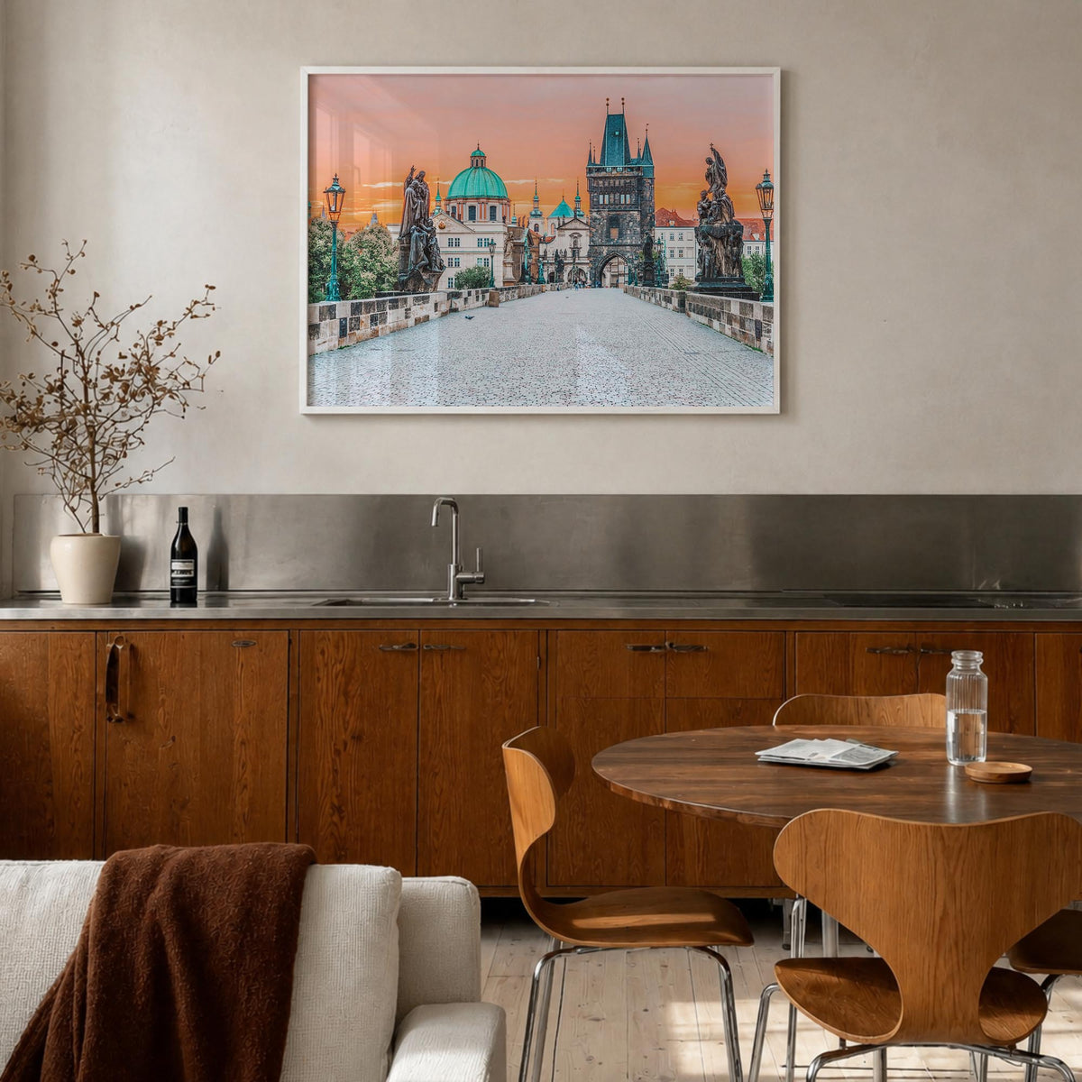 Prague colorful photo poster of Czechia – horizontal wall art in white wood frame, hanging on wall