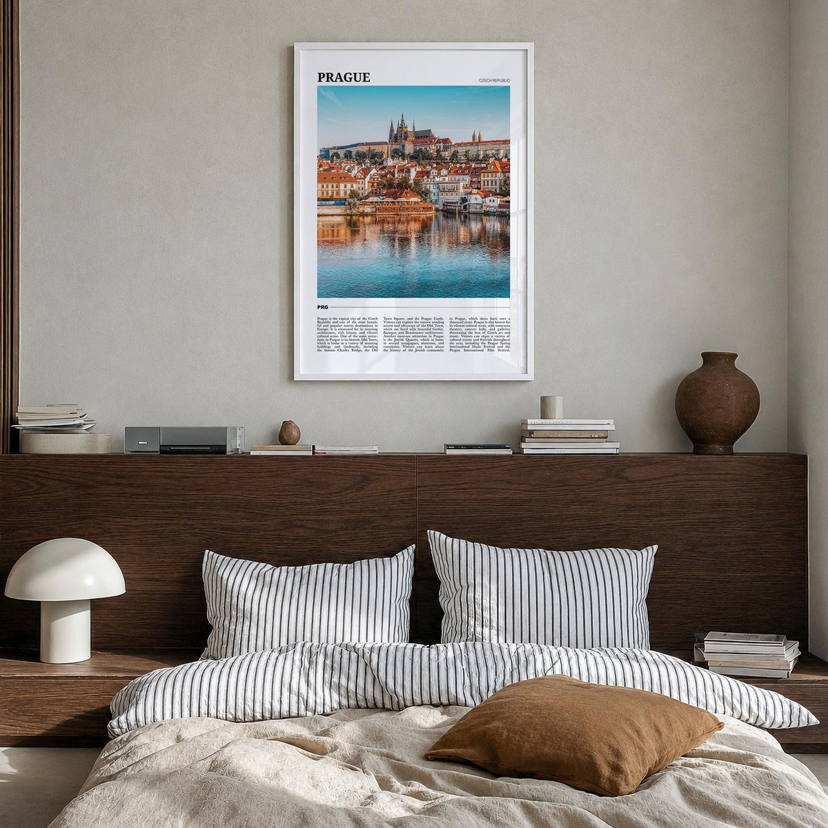 Prague colorful travel poster of Czechia – vertical wall art in white wood frame, hanging on wall