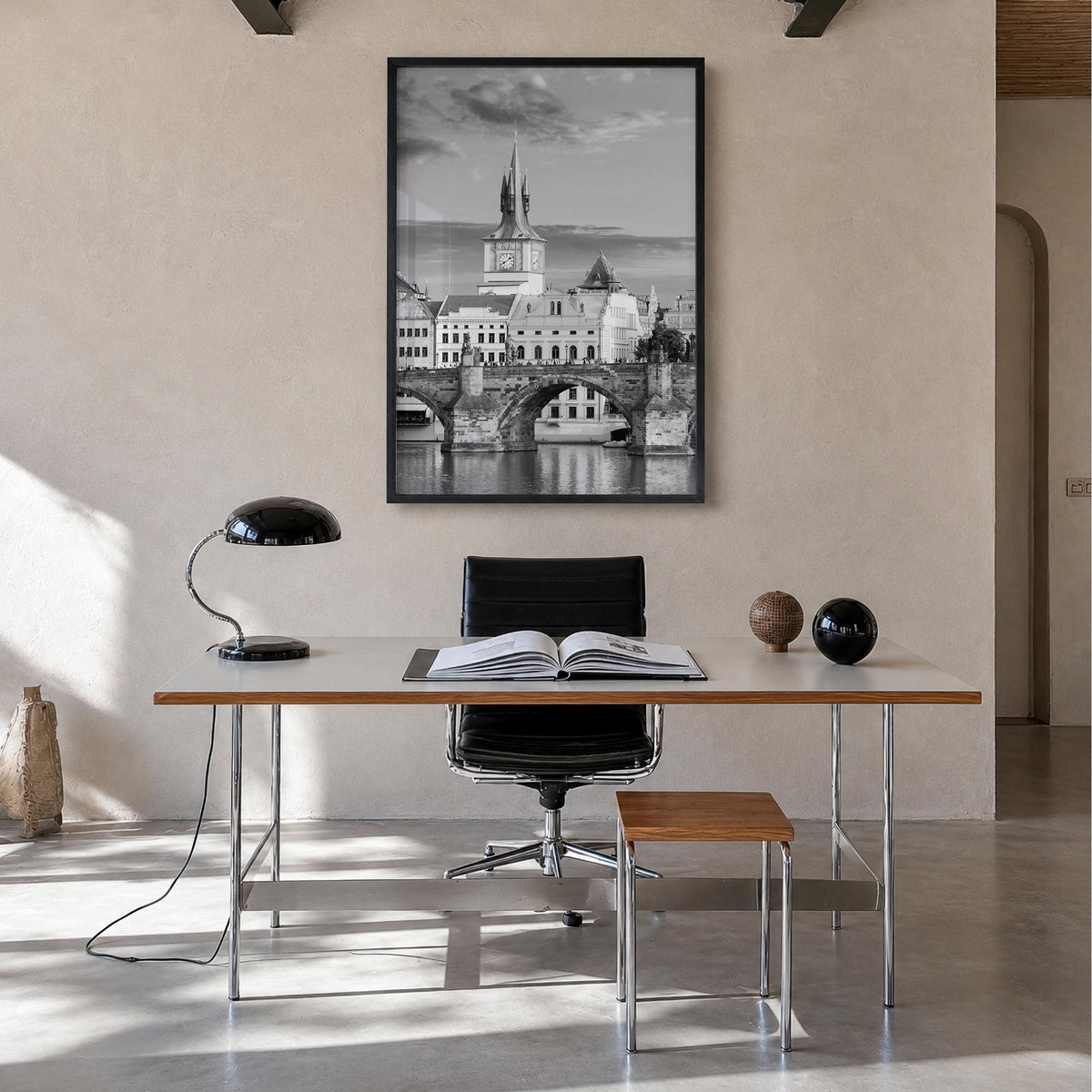 Prague no. 1 black & white photo poster of Czechia – vertical wall art in black wood frame, hanging on wall