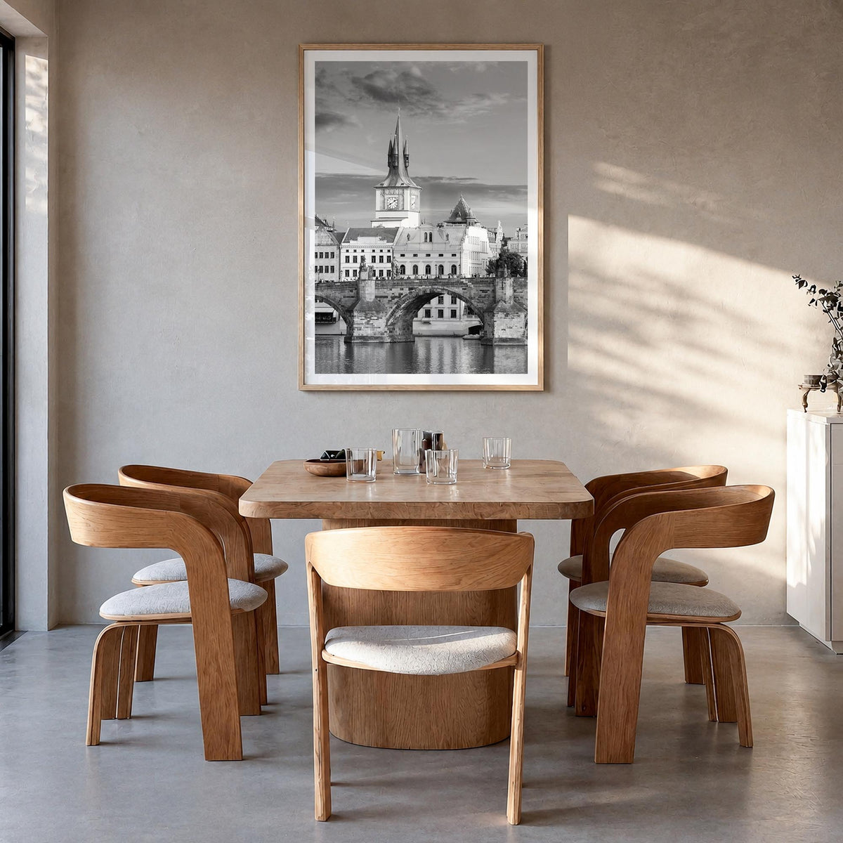 Prague no. 1 black & white photo poster of Czechia – vertical wall art in natural wood frame with white border, hanging on wa