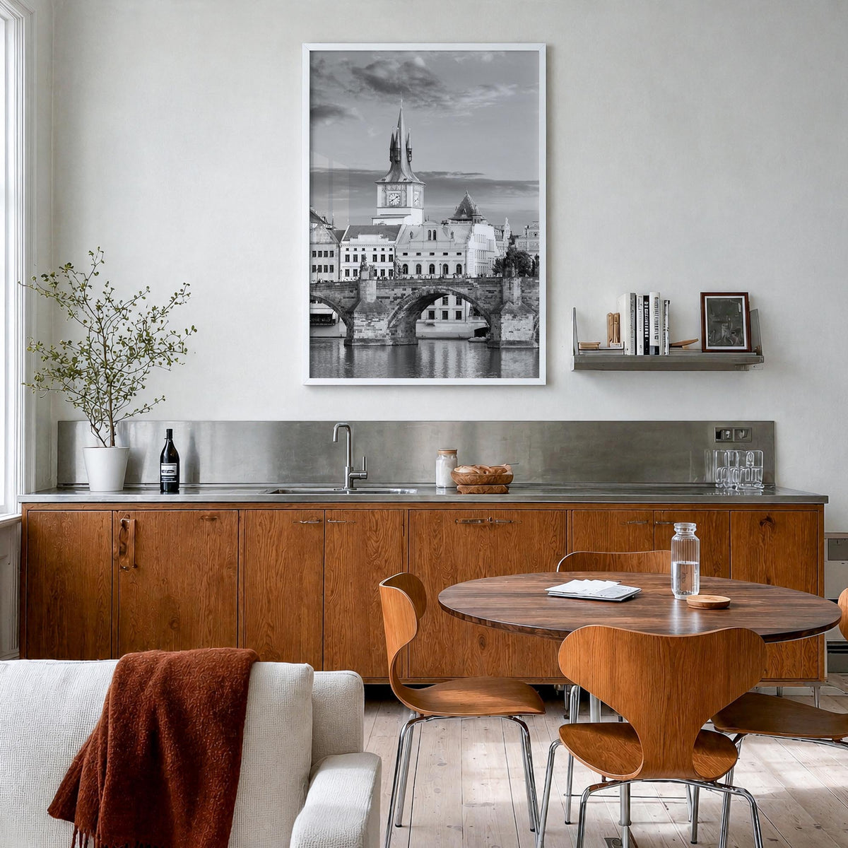 Prague no. 1 black & white photo poster of Czechia – vertical wall art in white wood frame, hanging on wall