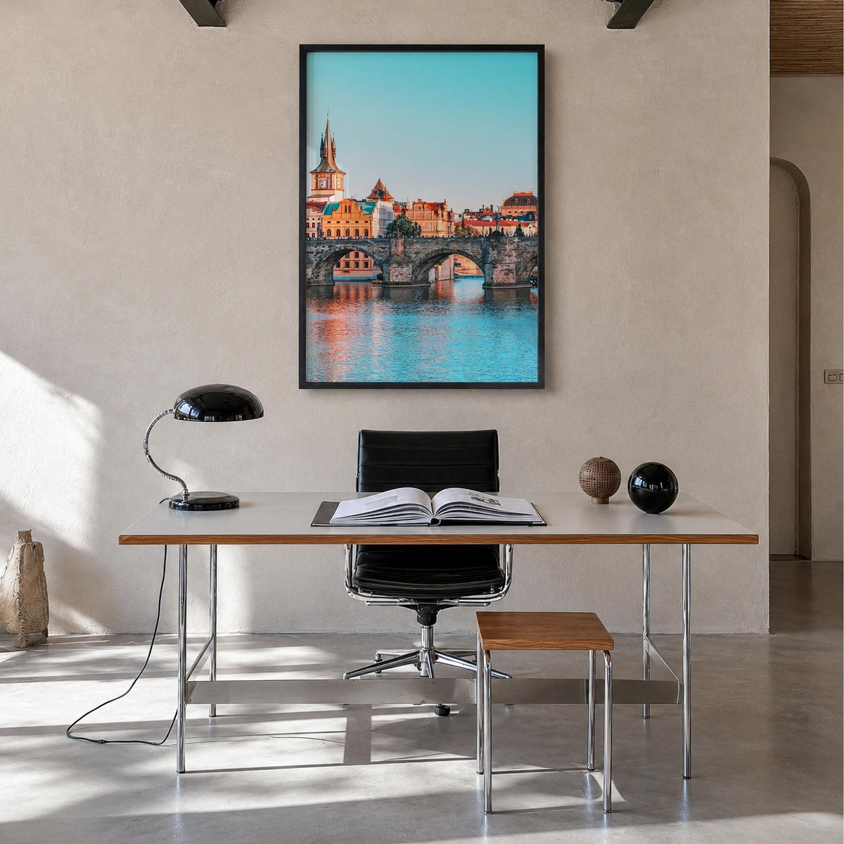 Prague no. 1 colorful photo poster of Czechia – vertical wall art in black wood frame, hanging on wall