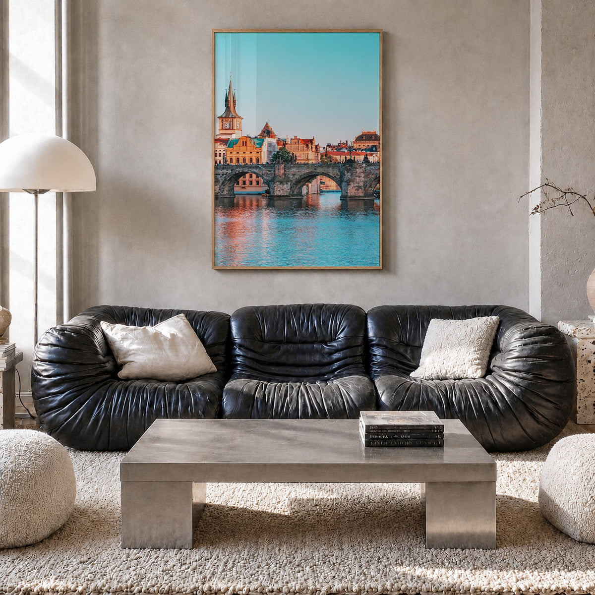 Prague no. 1 colorful photo poster of Czechia – vertical wall art in natural wood frame, hanging on wall