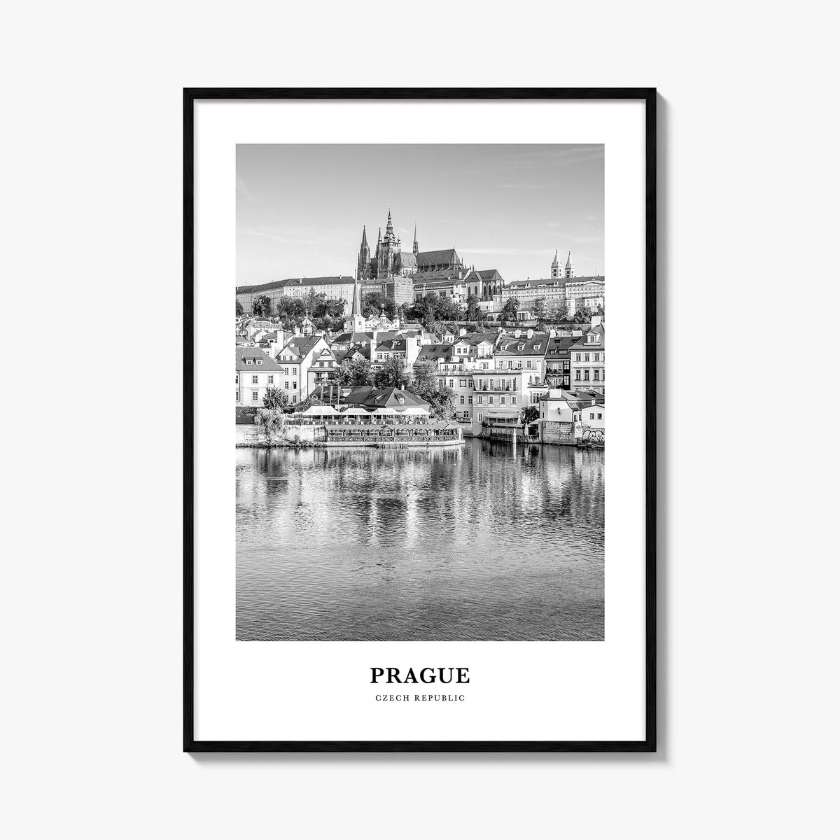 Prague no. 2 black & white classic poster of Czechia – vertical wall art, unframed print shown in interior mockup