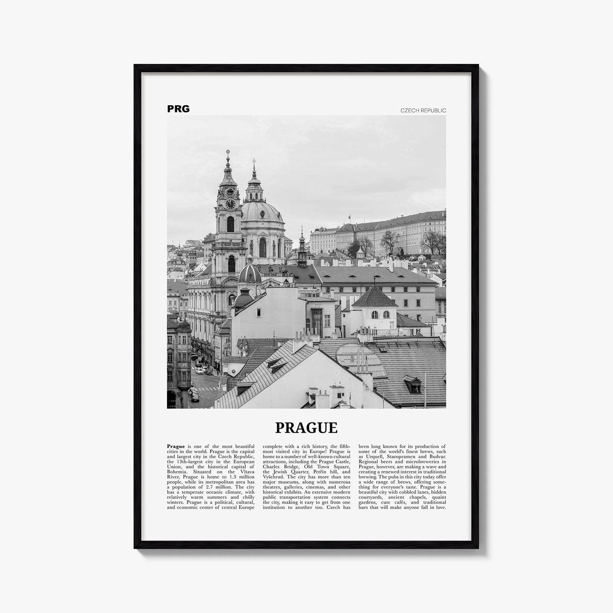 Prague no. 2 black & white newspaper poster of Czechia – vertical wall art, unframed print shown in interior mockup