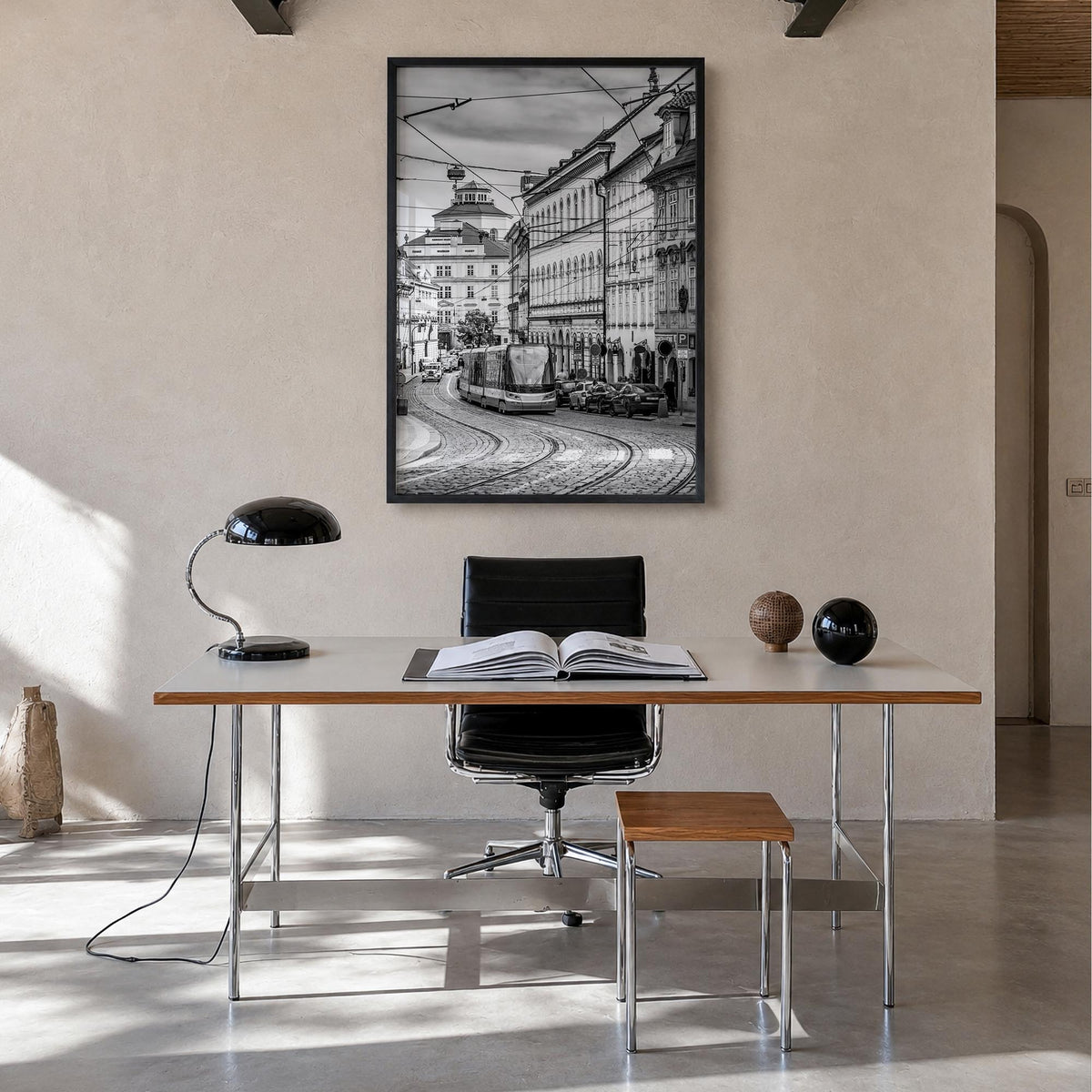 Prague no. 2 black & white photo poster of Czechia – vertical wall art in black wood frame, hanging on wall