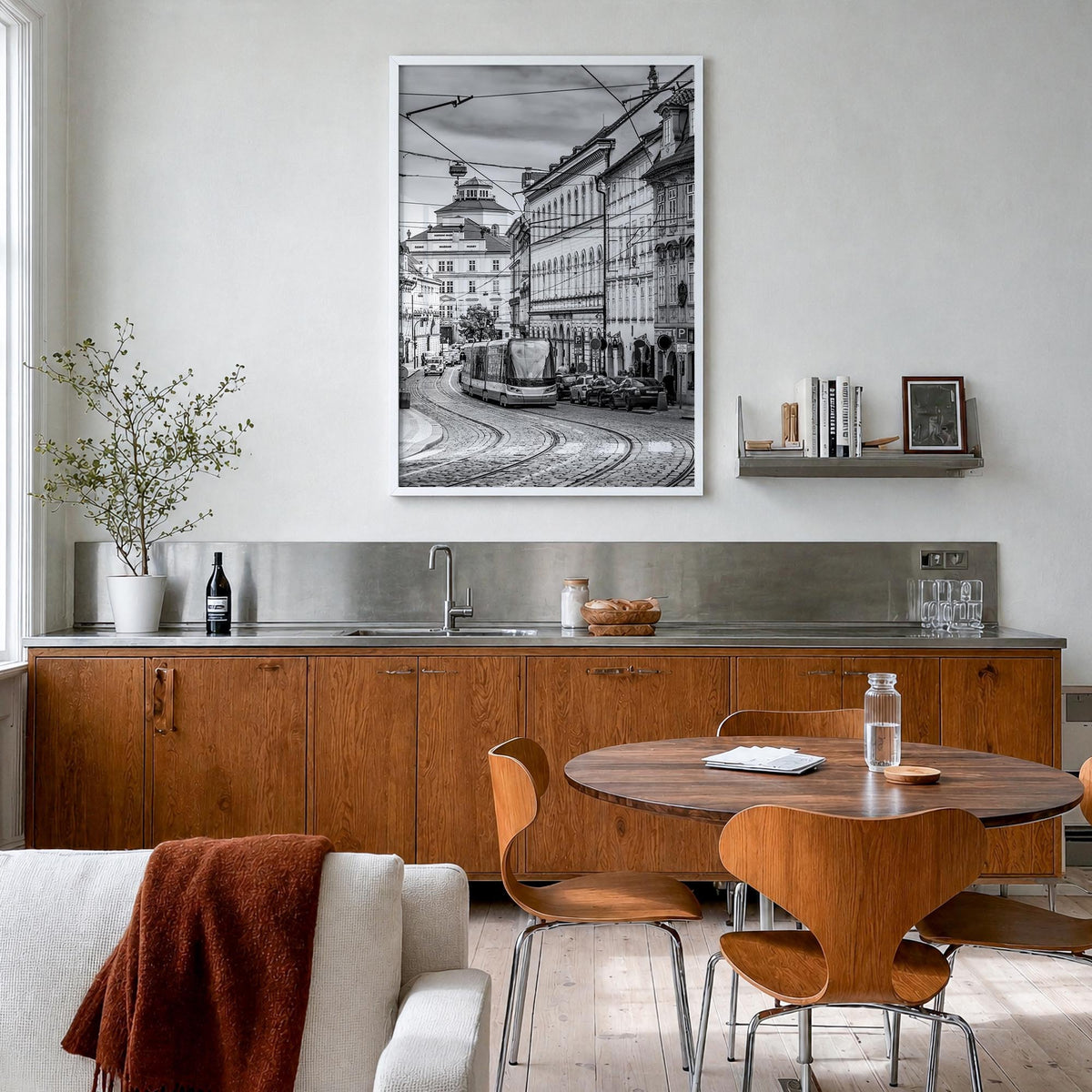 Prague no. 2 black & white photo poster of Czechia – vertical wall art in white wood frame, hanging on wall