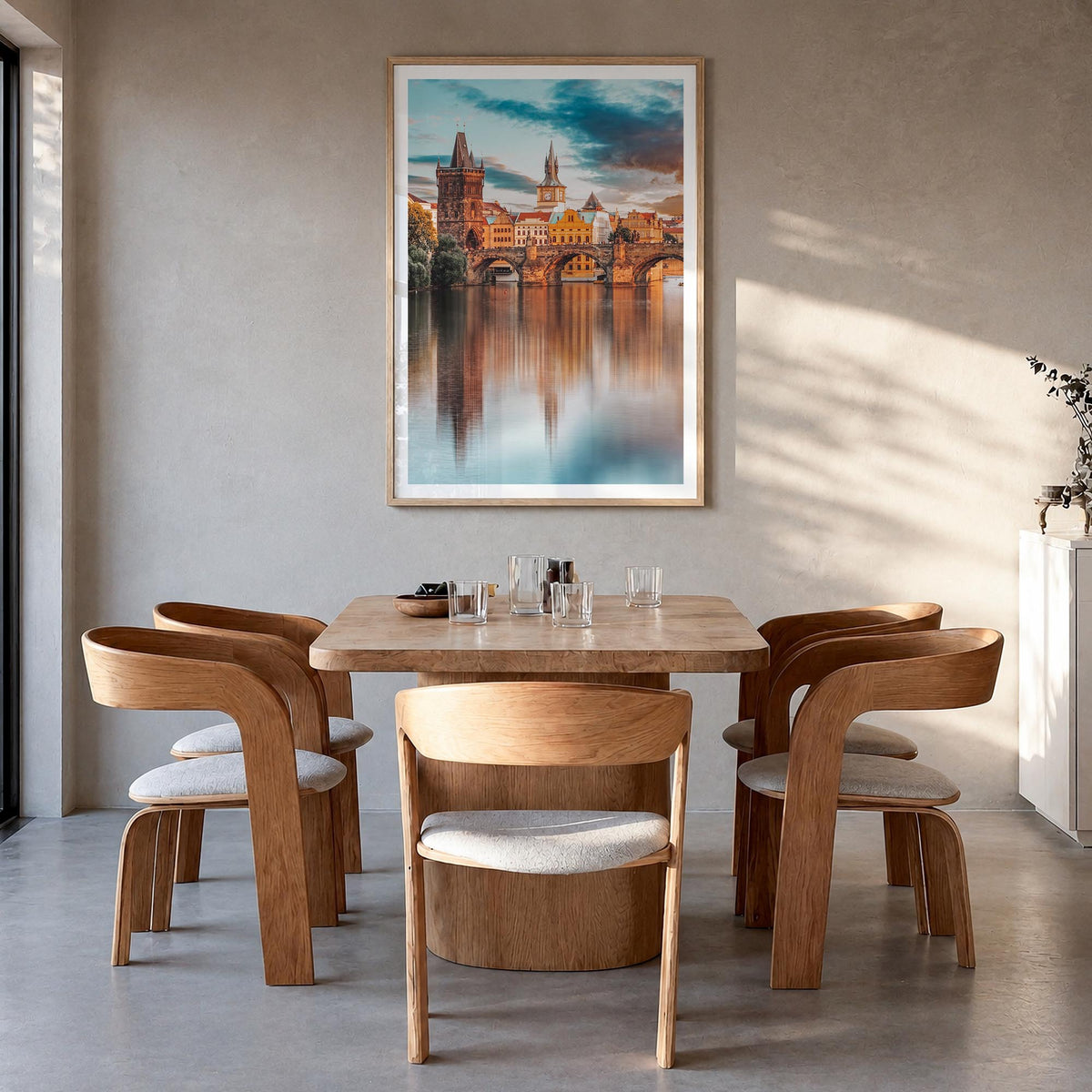 Prague no. 2 colorful photo poster of Czechia – vertical wall art in natural wood frame with white border, hanging on wall