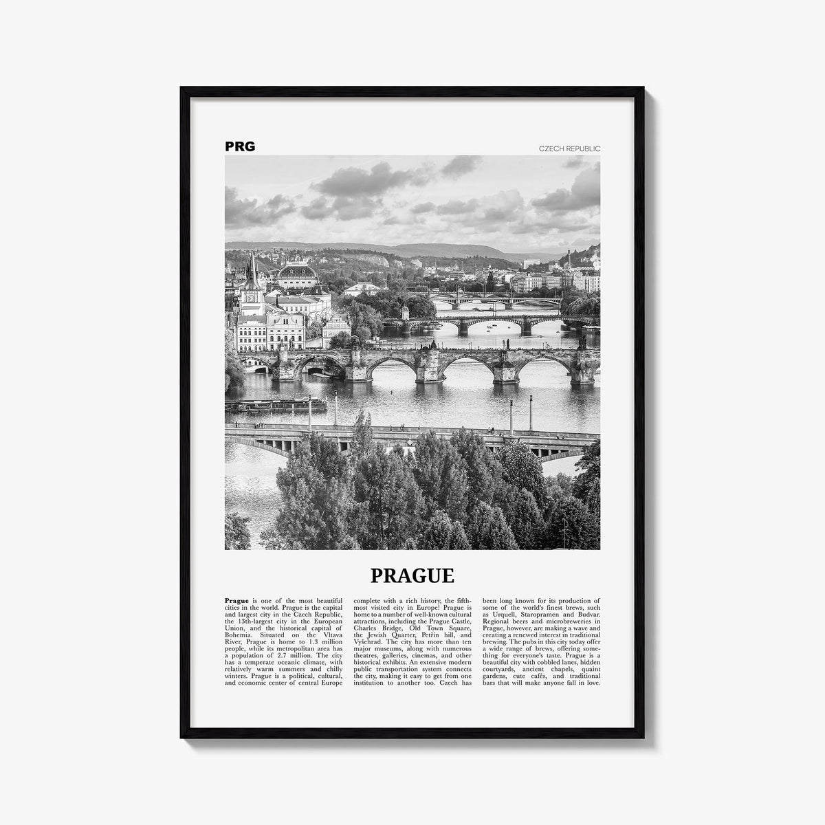 Prague no. 3 black & white newspaper poster of Czechia – vertical wall art, unframed print shown in interior mockup