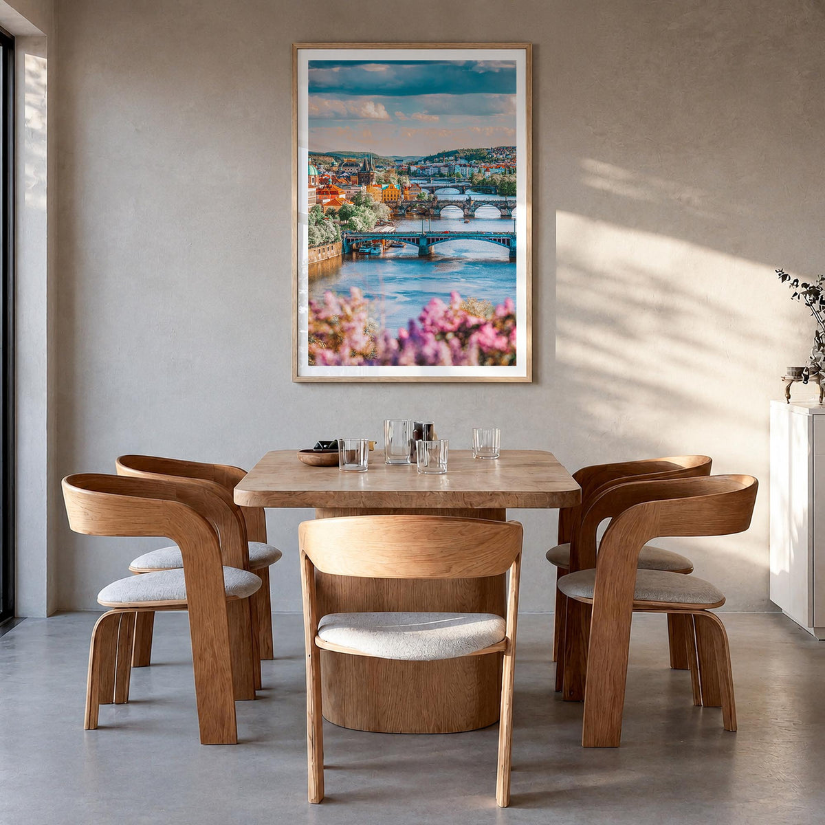 Prague no. 3 colorful photo poster of Czechia – vertical wall art in natural wood frame with white border, hanging on wall