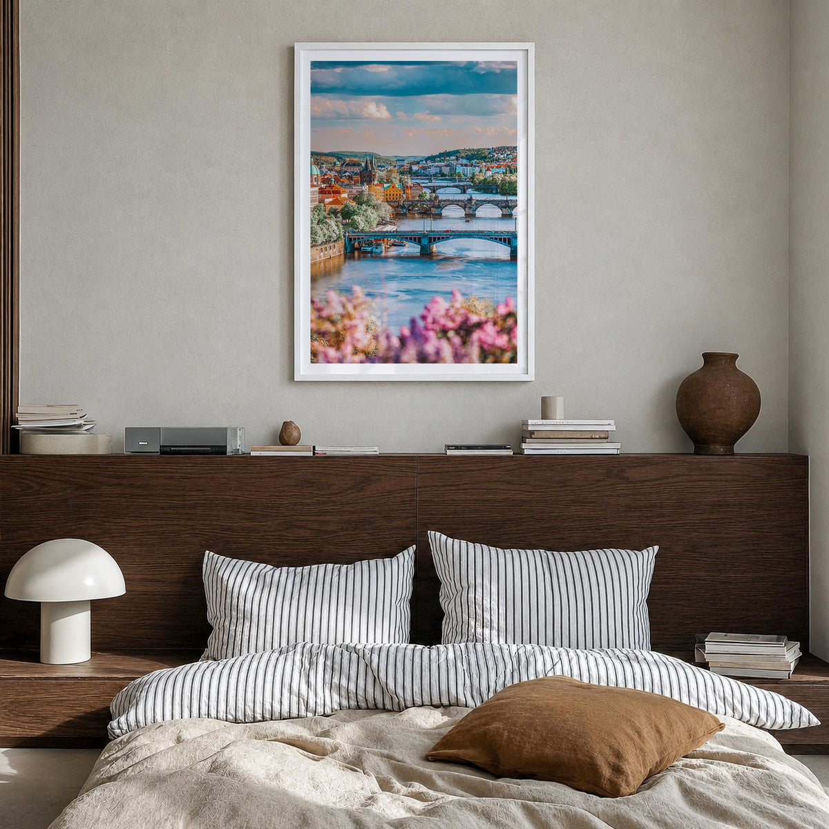 Prague no. 3 colorful photo poster of Czechia – vertical wall art in white wood frame with white border, hanging on wall