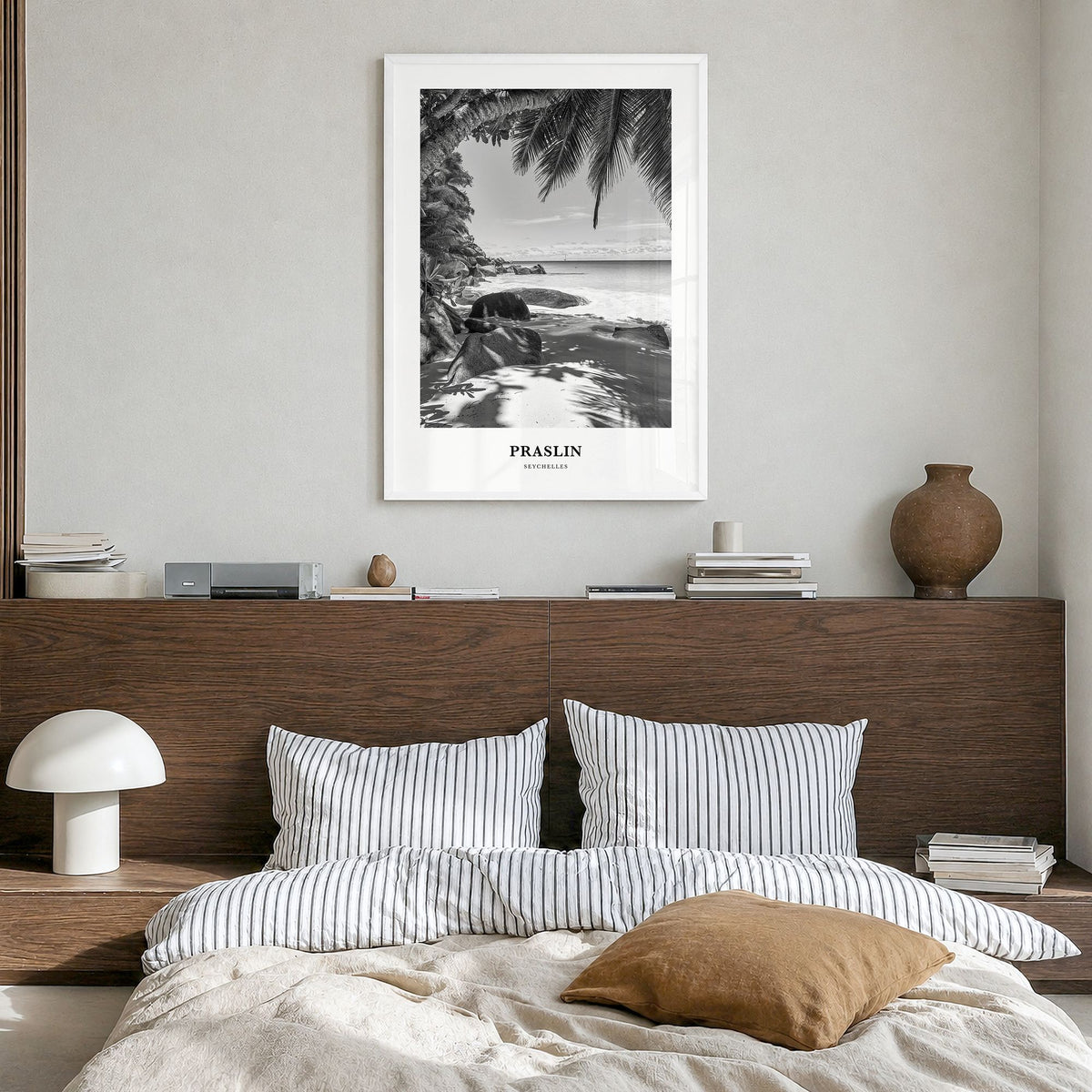 Praslin Classic Poster in a white wood frame, hanging in a bedroom