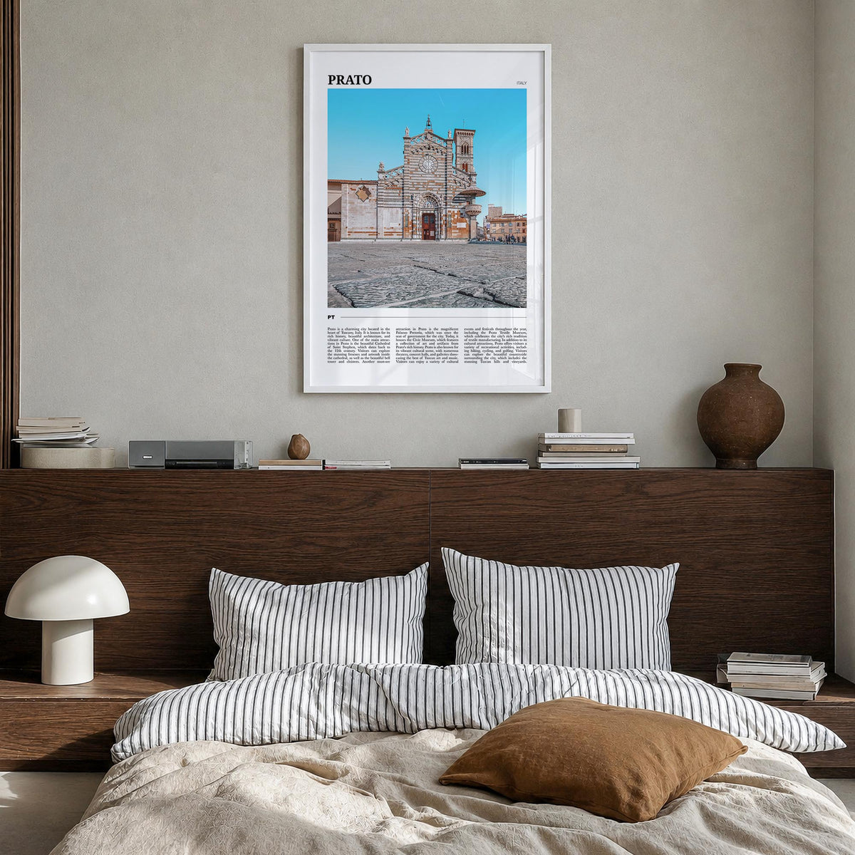 Prato colorful travel poster of Italy – vertical wall art in white wood frame, hanging on wall