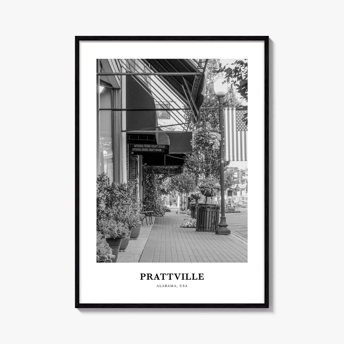 Prattville black & white classic poster of Alabama, USA – vertical wall art, unframed print shown in interior mockup