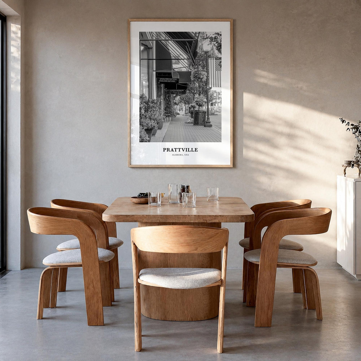 Prattville black & white classic poster of Alabama, USA – vertical wall art in natural wood frame, hanging on wall