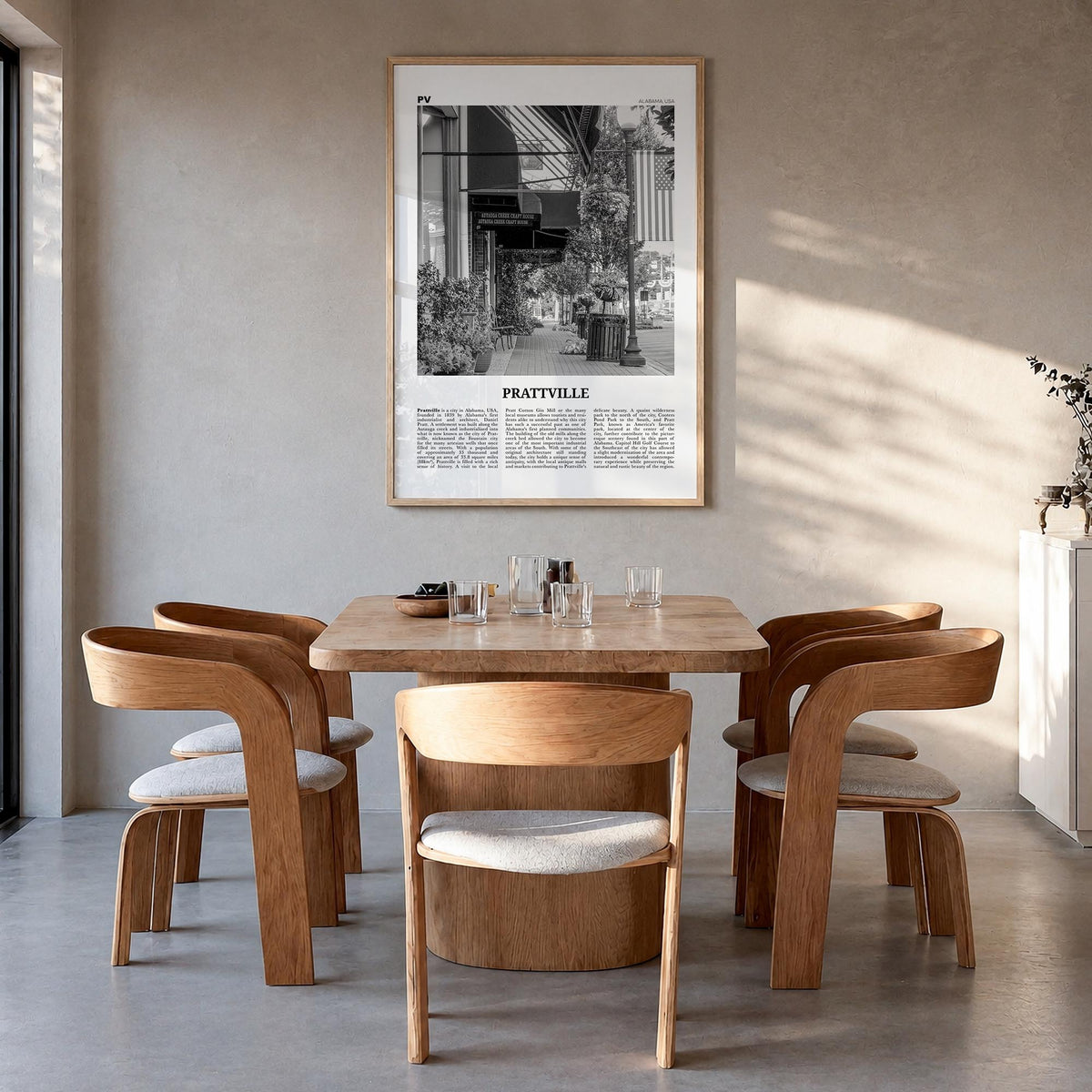 Prattville black & white newspaper poster of Alabama, USA – vertical wall art in natural wood frame, hanging on wall
