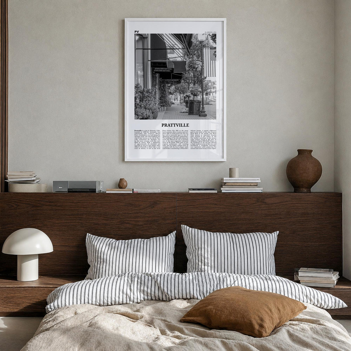 Prattville black & white newspaper poster of Alabama, USA – vertical wall art in white wood frame, hanging on wall