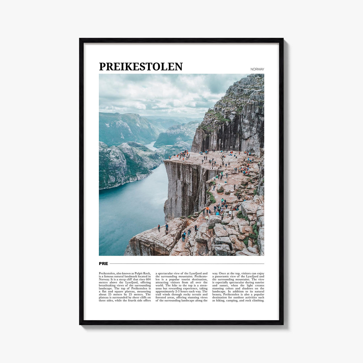 Preikestolen colorful travel poster of Norway – vertical wall art, unframed print shown in interior mockup