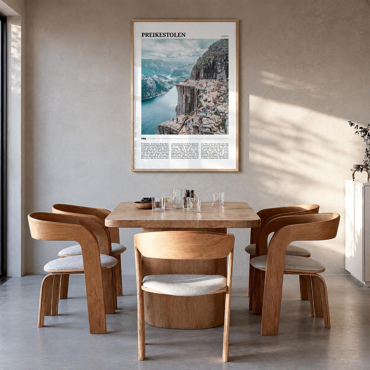 Preikestolen colorful travel poster of Norway – vertical wall art in natural wood frame, hanging on wall